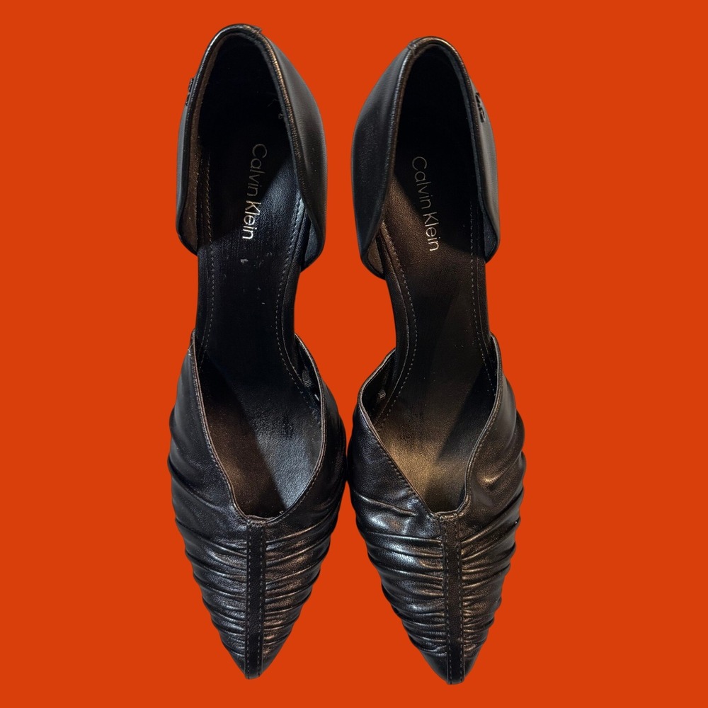 Calvin Klein Ruched D'Orsay Pointed Toe Pumps 6.5M Black Leather Stiletto